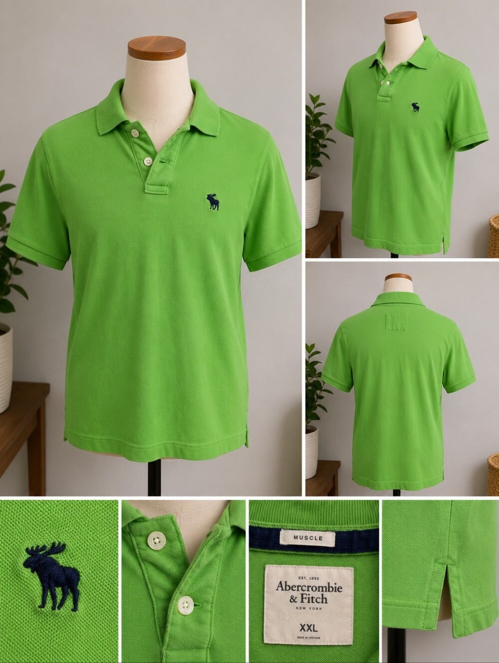 Abercrombie & Fitch Polo Shirt Mens XXL Green Solid Muscle Fit Moose Logo Pique